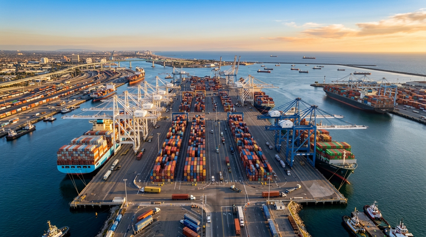 Aerial view of Port of Long Beach container terminal at golden hour