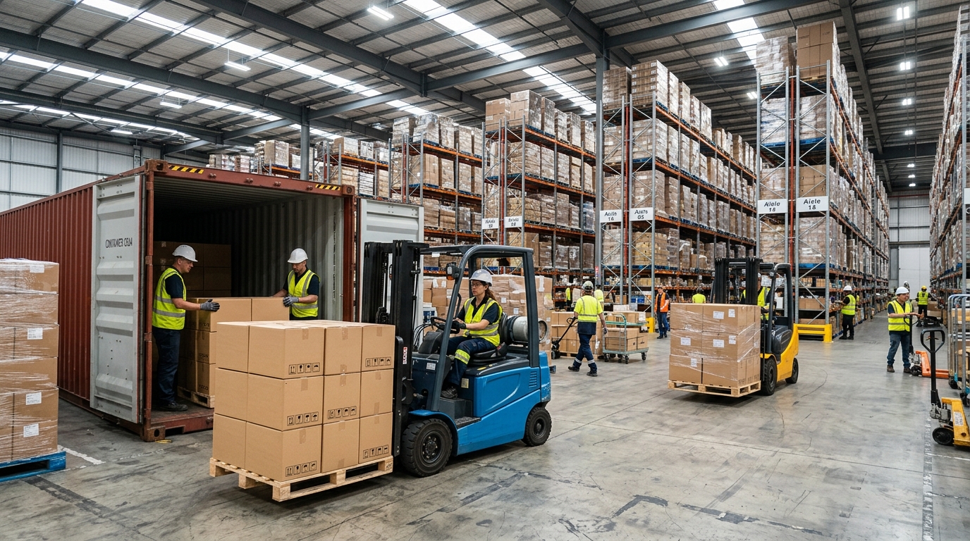 Warehouse workers unloading shipping container with forklifts