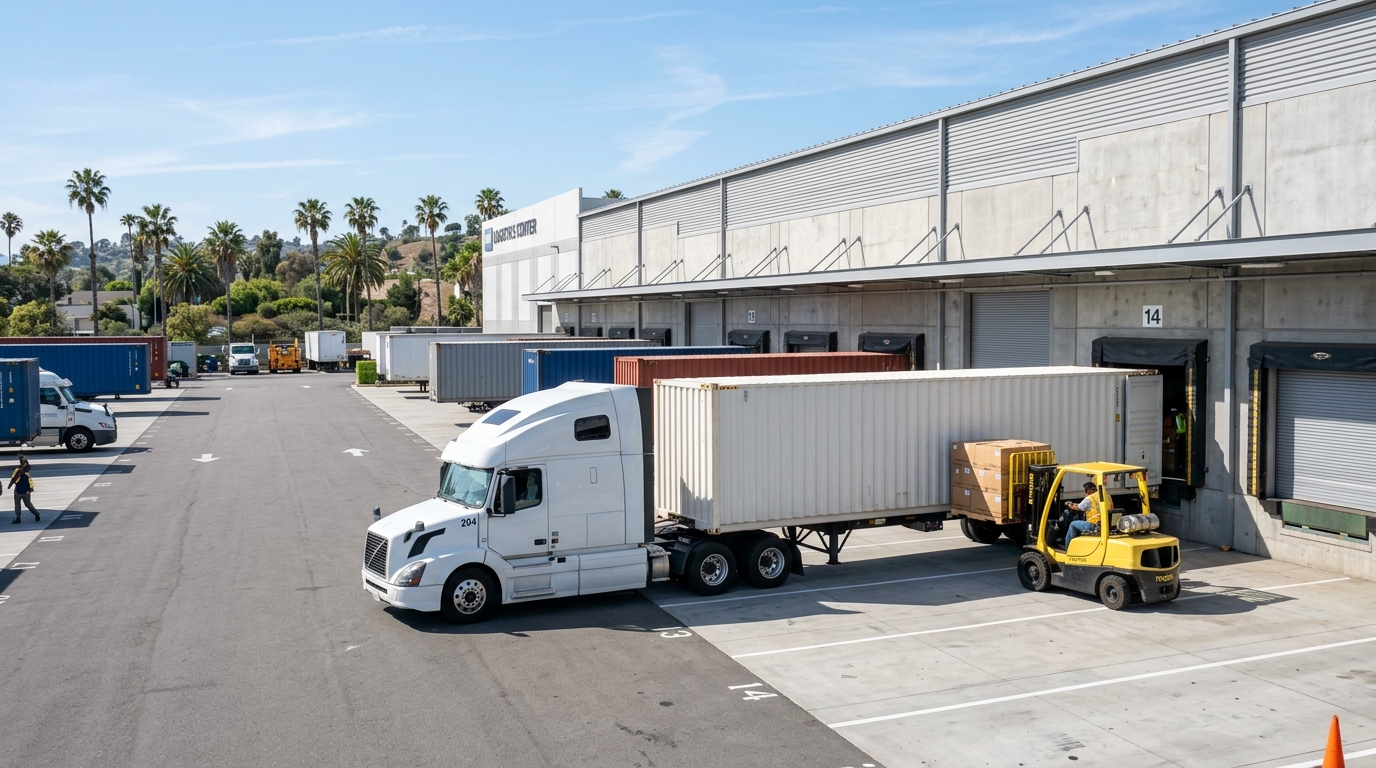 Drayage truck at logistics facility dock with forklift loading containers