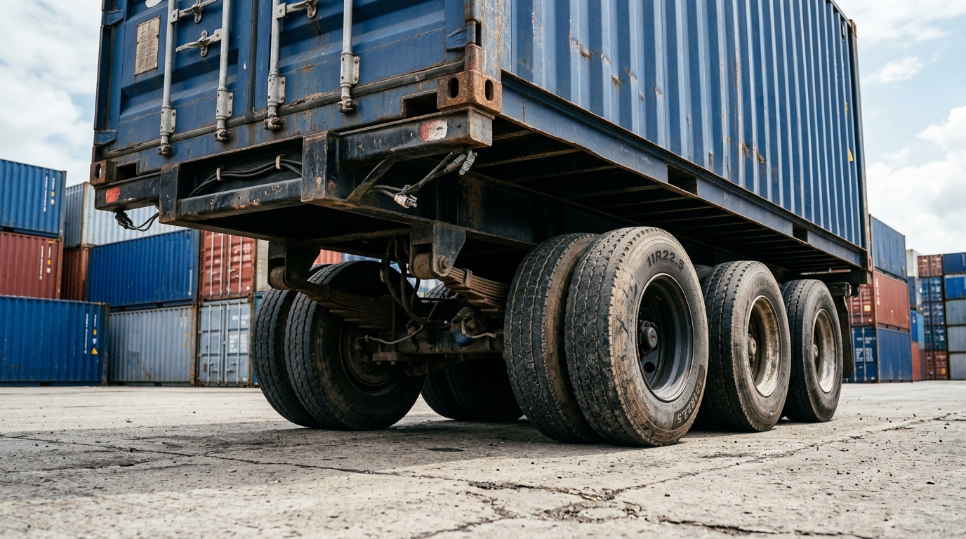 Triaxle chassis under heavy shipping container at Port of Long Beach terminal