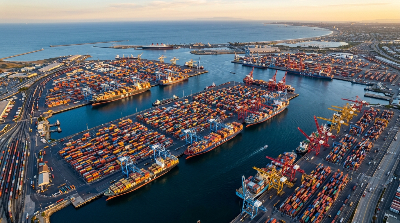 Aerial view of Port of Long Beach container terminal and I-710 overweight corridor