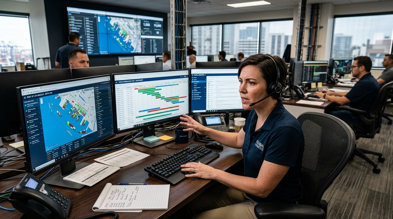 Logistics dispatcher coordinating same-day drayage at Port of Long Beach