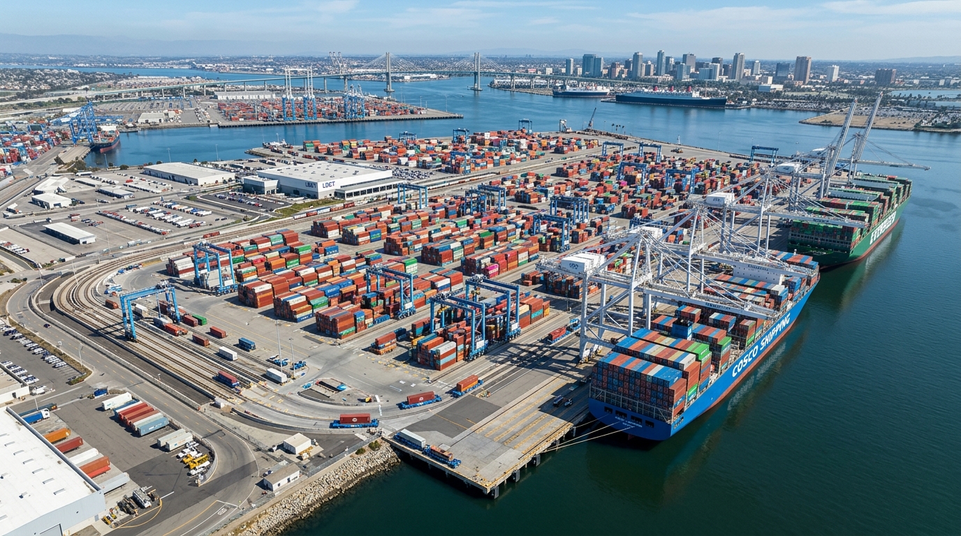 Container terminal at Port of Long Beach with gantry cranes