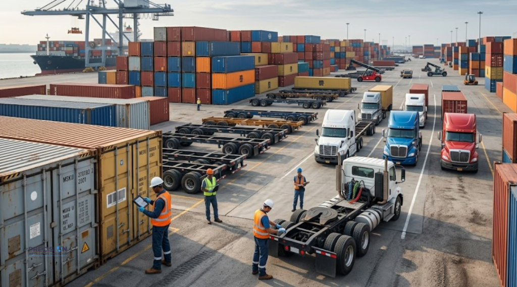 Container yard showing chassis and trucks aligned for drayage operations, highlighting equipment coordination and dependency challenges