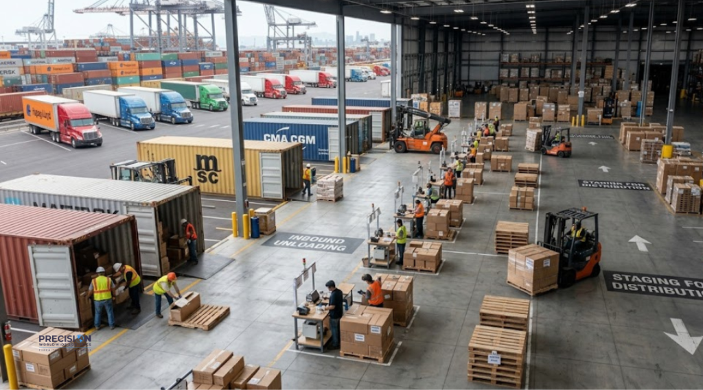 FBA prep warehouse near California port with workers inspecting, labeling, and staging inventory before Amazon fulfillment shipment
