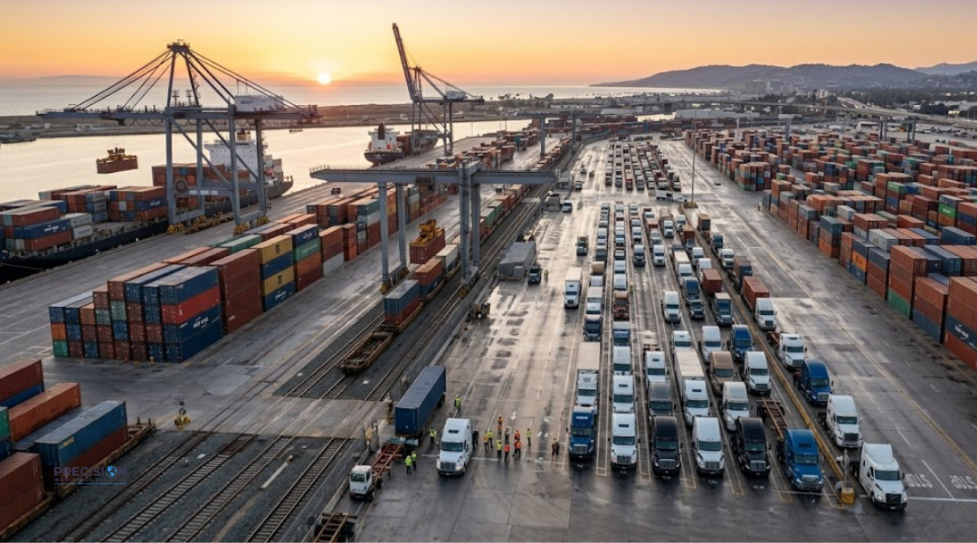 Seasonal retail import planning at LA ports with containers, cranes, and trucks coordinating replenishment timing