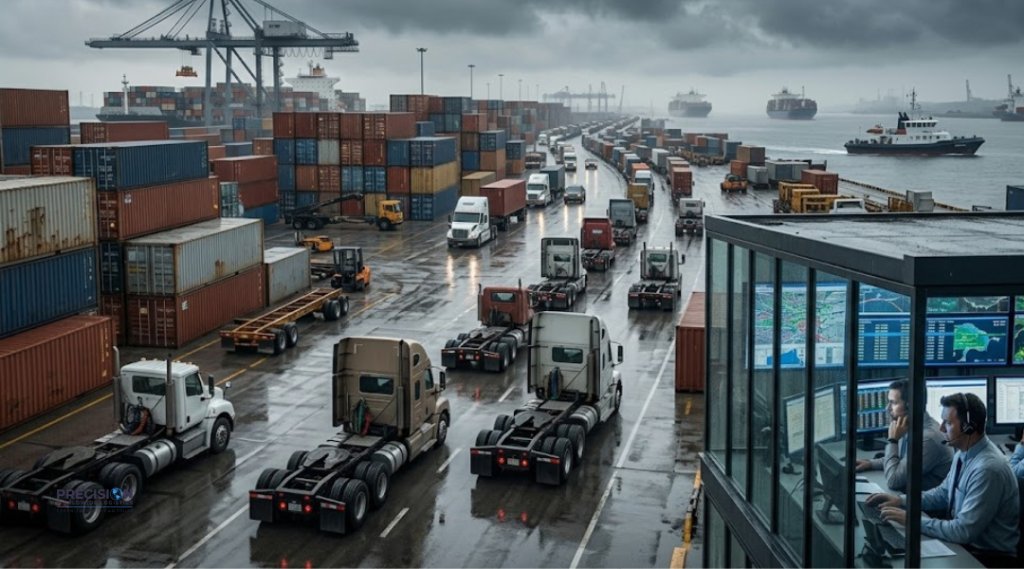 Port congestion with trucks and containers showing disruption impact and recovery challenges in drayage logistics operations