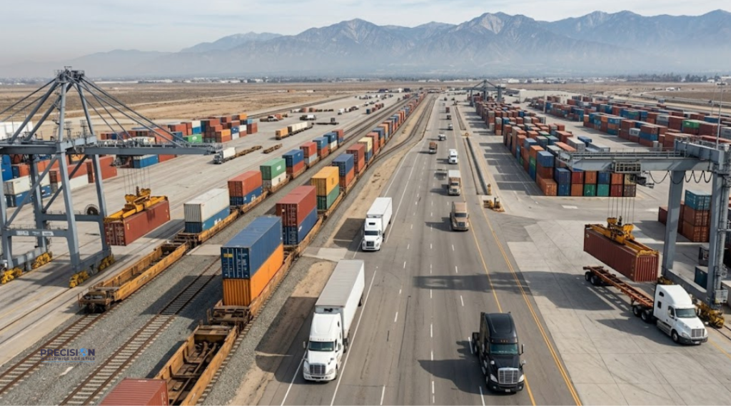 Intermodal freight hub in Southern California showing rail and truck logistics working together for port to distribution transport