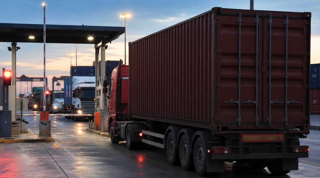 Truck carrying a container waiting in a marine terminal in-gate lane at dusk with other trucks queued behind