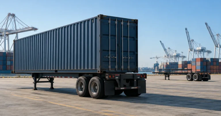 A generic container chassis in a terminal yard with a second empty chassis in a separate yard.