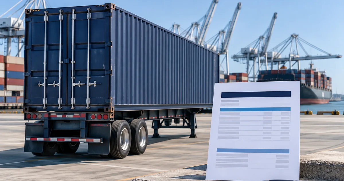 A generic container at a marine terminal beside a blank invoice with abstract line items.