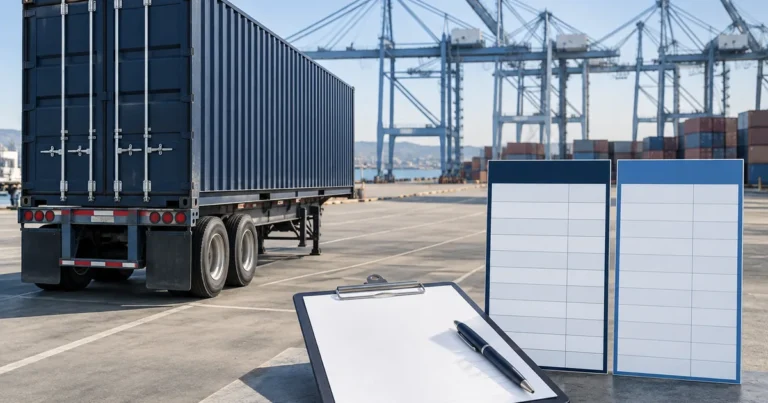 A container on a chassis at a marine terminal beside a blank invoice representing separate port charges.